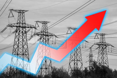 Energiekrise. Stromleitung und Graphenpfeil. Konzept der globalen Energiekrise. Steigerung des Stromverbrauchs. Der Pfeil auf dem Diagramm bewegt sich nach oben. Steigende Strompreise.