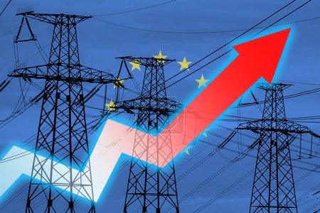 Power line and flag of European Union. Energy crisis. Concept of global energy crisis. Increase in electricity consumption. Arrow on the chart moves up. Increasing cost of electricity