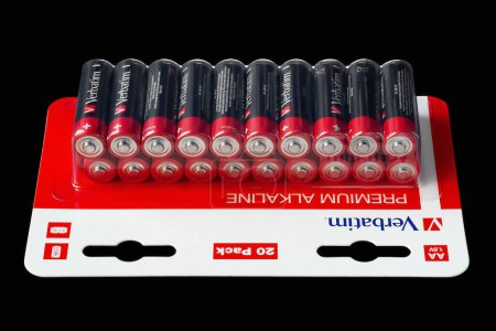 Photo for Packaging of batteries. Verbatim brand batteries. Isolated on a black. Ukraine. Kyiv. 11.03.2023 - Royalty Free Image