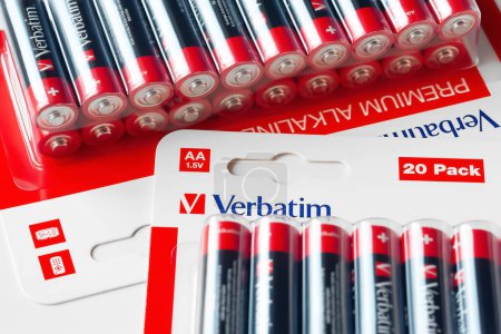Photo for Packaging of batteries. Brand Verbatim batteries on a light background close-up. Selective focus. Ukraine. Kyiv. November 3, 2023 - Royalty Free Image