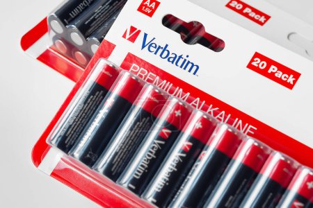 Photo for Battery packaging. Branded Verbatim batteries on a light background close-up. Selective focus. Ukraine. Kyiv. November 3, 2023 - Royalty Free Image