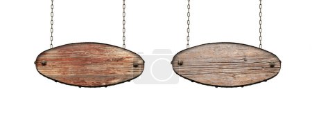 Téléchargez les photos : Panneau sale vide en bois accroché à des chaînes de fer. Deux panneaux isolés sur fond blanc - en image libre de droit