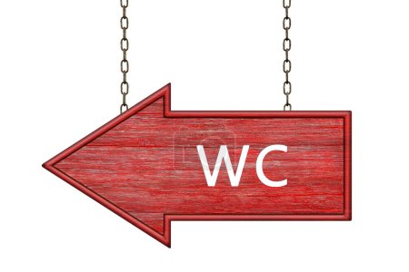 Red wooden arrow sign with wc inscription hanging on iron chains. Left arrow pointer. Signboard isolated on white background