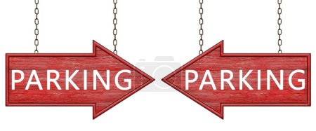 Rotes Holzpfeil-Schild mit der Aufschrift "Parken", das an Eisenketten hängt. Rechts und links Pfeilzeiger. Schild isoliert auf weißem Hintergrund