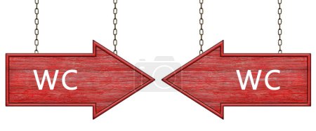 Red wooden arrow sign with wc inscription hanging on iron chains. Right and left arrow pointer. Signboard isolated on white background