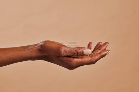 Foto de Primer plano de la mano de la mujer afroamericana con la palma mirando hacia arriba aislado sobre fondo marrón. Mano negra femenina mostrando la mano vacía. Chica africana sosteniendo su producto de belleza. - Imagen libre de derechos