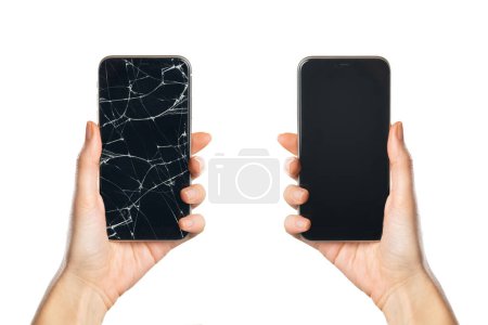 Photo for Woman hand holding smartphone with broken screen near to a new glass after restoration isolated on white background. Close up of hands of young woman holding cellphone that need to be fixed. Female hand showing phone with brand new screen after fixin - Royalty Free Image