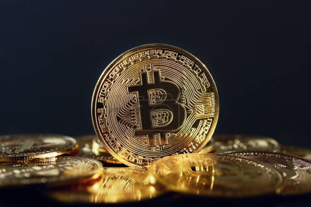 Téléchargez les photos : Bitcoin or monnaie numérique émergent sur un tas d'autres crypto-monnaies. BTC l'argent d'Internet et de l'avenir. Investir dans Bitcoin et d'autres crypto-devises. - en image libre de droit
