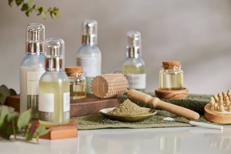 Photo for Complete set of beauty cosmetic products with salt and different bottles and jars. Natural organic beauty products ready to be used on your daily routine. Different lotions, oils and creams for a spa massage and treatment. - Royalty Free Image