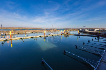 Zweckau, Germany - 9. February 2023: Impressions from Zwenkauer harbor in winter. The former lignite or coal mining area near Leipzig is now a lake landscape, the Neuseenland. Former lignite mining