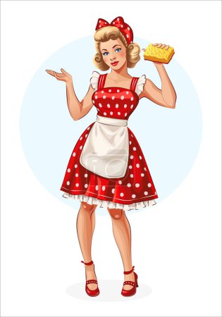 Ganzkörperporträt eines Mädchens auf weißem Hintergrund. Pin auf. Blond im roten Kleid mit Tupfen, Hausfrau mit Schwamm in der Hand