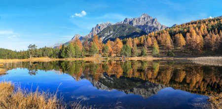 Téléchargez les photos : Panorama des Alpes suisses lac de montagne Lai Nair (lac noir) avec reflet de la forêt d'automne sur le sentier de randonnée au Scoul Tarasp, Basse-Engadine, Suisse - en image libre de droit