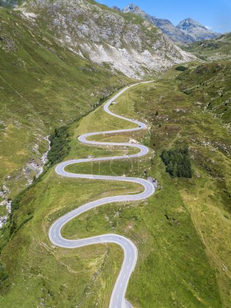 Photo for Aerial view of the winding road over the  Julier Pass in Swiss Alps mountain in summer, Canton Grison, Switzerland - Royalty Free Image