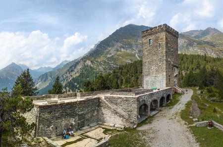 Photo for Maloja, Switzerland - August 25. 2023: Tower of Belvedere - an old castle restored at the Maloja Pass height between Valley of Engadine and Val Bregaglia, Switzerland, Europe - Royalty Free Image