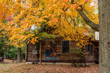 Foto de Wall, NJ, EE.UU. - 25 de octubre de 2015: Una mirada de otoño a Smokey Bear en una cabaña de madera el 25 de octubre de 2015 en Allaire State Park en Wall New Jersey. - Imagen libre de derechos