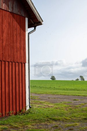Part of red wooden barn with agriculture field in the background