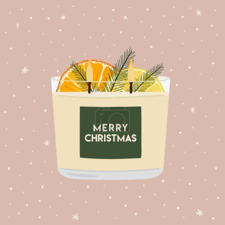 Téléchargez les photos : Joyeux Noël carte de voeux avec cire de soja parfumée bougie aux oranges séchées, verdure d'hiver. Nouvel An, affiches de Noël joyeux et lumineux, invitation. Zéro déchet écologique. Vecteur dessiné à la main - en image libre de droit