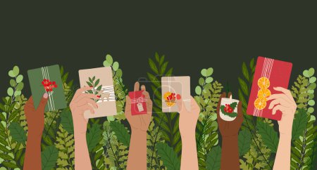Illustration for Different female hands hold Christmas gift boxes on winter greenery background. Merry Christmas banner, posters, invitation. Zero waste eco gifts. Hand drawn vector - Royalty Free Image