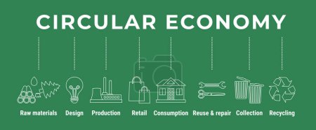 Infografik zur Kreislaufwirtschaft. Nachhaltiges Geschäftsmodell. Symbolbanner des Produktlebenszyklus vom Rohstoff zur Produktion, zum Verbrauch und zum Recycling. Flache Linienvektorabbildung
