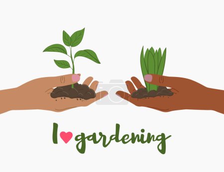 Téléchargez les photos : I love gardening card. Tan and black female hands give plant shoots to each other. Hand-drawn vector illustration. - en image libre de droit