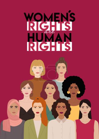 Illustration for Women s rights are human rights card with group of diverse female characters stand together. International Women s Day, 8 March. Woman empowerment, feminism concept. Hand drawn  illustration. - Royalty Free Image