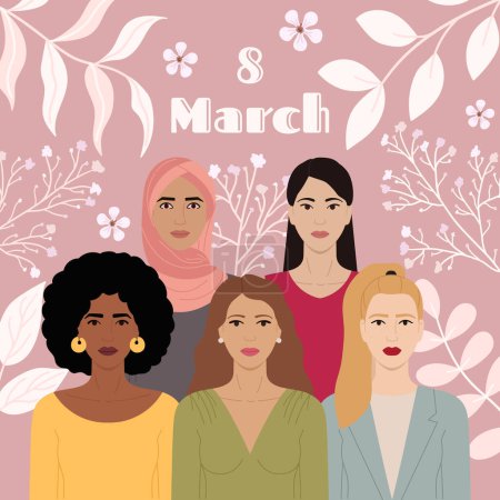 Ilustración de Día Internacional de la Mujer, 8 de marzo. Grupo de personajes femeninos diversos están juntos. Empoderamiento de la mujer, poder femenino, feminismo y concepto de hermandad. Ilustración vectorial dibujada a mano. - Imagen libre de derechos