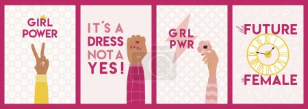 Téléchargez les photos : Set of feminist cards with woman rights, empowerment, girl power, fight for gender equality, feminism and sisterhood concept. International Women s Day, 8 March. Hand drawn vector illustration. - en image libre de droit