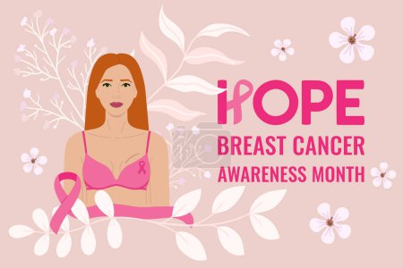 Illustration for Breast Cancer Awareness Month. Hope phrase. Redhead woman with flowers, lumpectomy breast scar and pink ribbon on her bra. Cancer prevention and women health care support vector illustration - Royalty Free Image