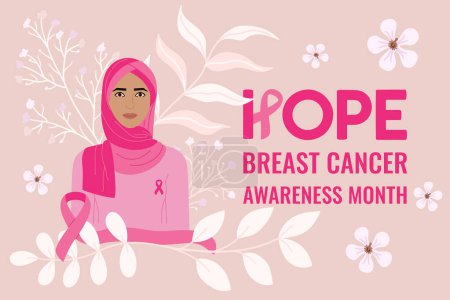 Téléchargez les photos : Mois de la sensibilisation au cancer du sein. Une phrase d'espoir. Femme musulmane en hijab avec des fleurs et un ruban rose sur la poitrine. La prévention du cancer et les soins de santé aux femmes soutiennent l'illustration vectorielle. Affiche horizontale - en image libre de droit