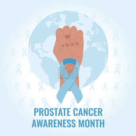 Téléchargez les photos : Mois de la sensibilisation au cancer de la prostate. Ruban de cancer bleu clair sur le poing levé sur la carte du monde et le fond des arcs. Prévention du cancer et soins de santé pour les hommes illustration vectorielle dessinée à la main - en image libre de droit