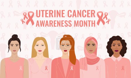 Illustration for Uterine Cancer Awareness Month. Diverse women with peach ribbons on chest stand together against cancer. Cancer prevention, women health care support. Hand drawn vector illustration - Royalty Free Image