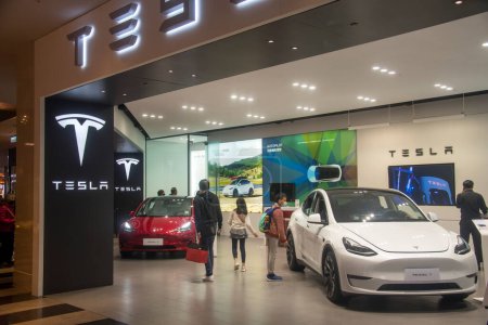 Photo for Taipei, Taiwan- 10 Dec, 2022: Tesla display shop in Taipei, Taiwan. Tesla designs and manufactures electric vehicles - Royalty Free Image