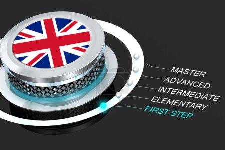 Schaltknopf-Taste mit britischer Nationalflagge und Kenntnisstand des ersten Schritts bei der 3D-Darstellung