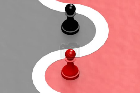 Téléchargez les photos : Pion d'échecs rouge et noir séparé en deux, rendu 3d - en image libre de droit