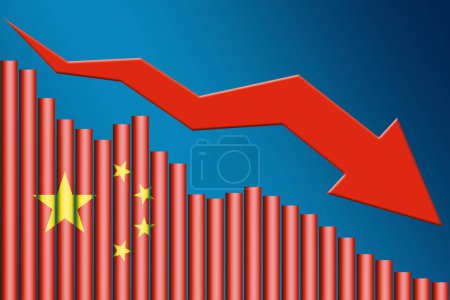 Economy falling down with China flag, 3d rendering