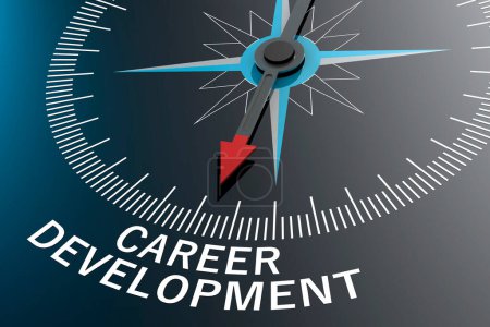 Compass needle pointing to career development word, 3D rendering