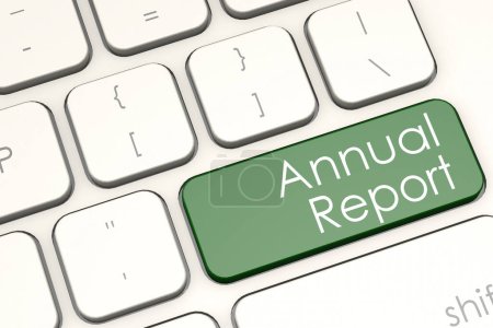 Annual report word on laptop keyboard, 3d rendering