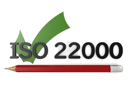 Téléchargez les photos : Mot ISO 22000 avec crayon rouge et coche, rendu 3d - en image libre de droit