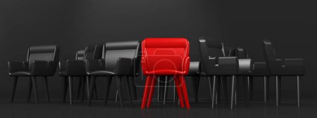 Concepto de liderazgo con silla roja y grupo de sillas, representación 3d