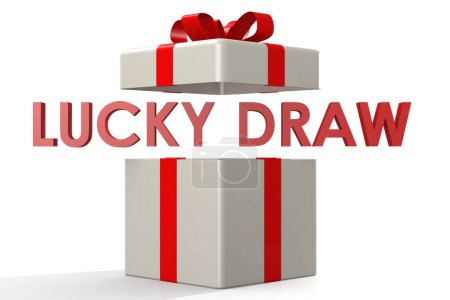Caja de regalo abierta con palabra de sorteo suerte, 3d renderizado