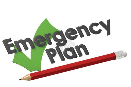 Palabra del plan de emergencia con lápiz rojo y marca de verificación verde, representación 3d