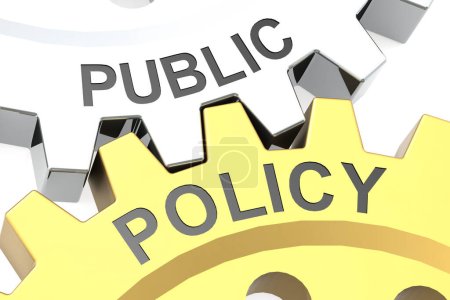 Public policy word on metal gear, 3d rendering