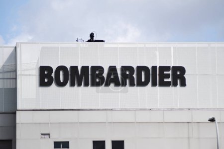 Photo for Singapore, Sep 15, 2023: The logo of the brand Bombardier in Singapore. Bombardier is a multinational aerospace and transportation company based in Montreal, Canada - Royalty Free Image