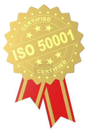 Foto de Palabra certificada ISO 50001 sobre sello dorado, renderizado 3d. ISO 50001 es Sistemas de gestión de energía - Imagen libre de derechos