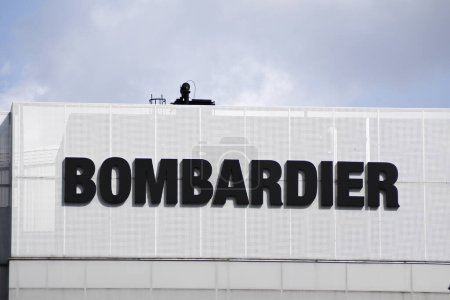 Photo for Singapore, Sep 15, 2023: The logo of the brand Bombardier in Singapore. Bombardier is a multinational aerospace and transportation company based in Montreal, Canada - Royalty Free Image