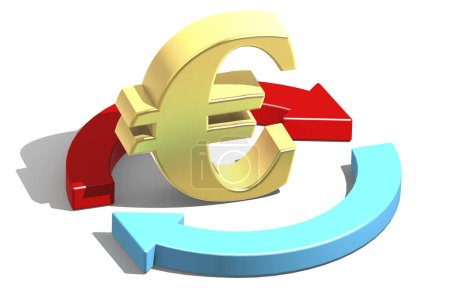 Foto de Signo de euro con flechas rojas y azules, representación 3d - Imagen libre de derechos