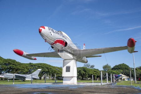 Photo for Clark Freeport, Philippines- 20 Oct 2023: The T-33 Thunderbird model displayed in the Air Force City Park in Clark, Philippines. It is a showcase of the history of Philippines Air Force through a variety of aircrafts - Royalty Free Image