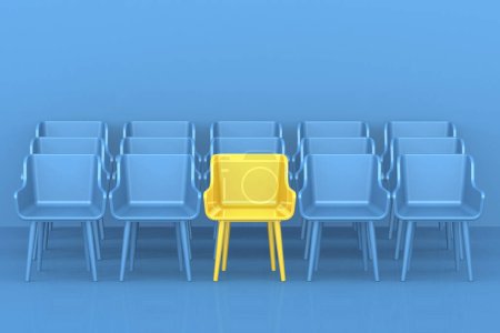 Silla amarilla liderar un grupo de sillas azules, 3d representación