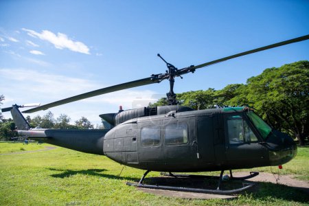 Photo for Clark Freeport, Philippines- 20 Oct 2023: The UH-1H helicopter model displayed in the Air Force City Park in Clark, Philippines. It is a showcase of the history of Philippines Air Force through a variety of aircrafts - Royalty Free Image