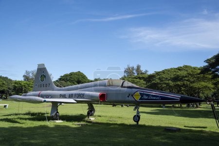 Photo for Clark Freeport, Philippines- 20 Oct 2023: F-5A (Jet Fighter) model displayed in the Air Force City Park in Clark, Philippines. It is a showcase of the history of Philippines Air Force through a variety of aircrafts - Royalty Free Image